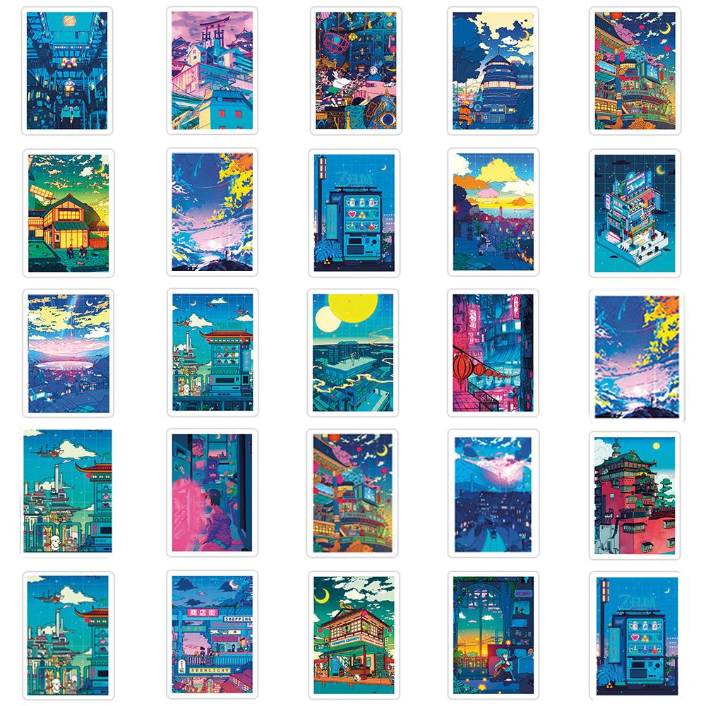 10/30/50pcs Cartoon Anime Street Night View Stickers Aesthetic Painting Prints Scenery Decal Laptop Suitcase Guitar Cool Sticker
