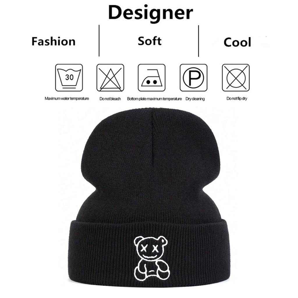 Knitted Warm Winter Autumn Beanies Stitching Embroidered Bear Little Neutral Gender Women Men For Hats Hip Hop Urban Street Style Cap Beanie Hat