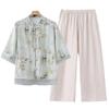 Chinese-Style Cotton Linen Two-Piece Set for Middle-Aged Women - Mid-Sleeve Summer Top