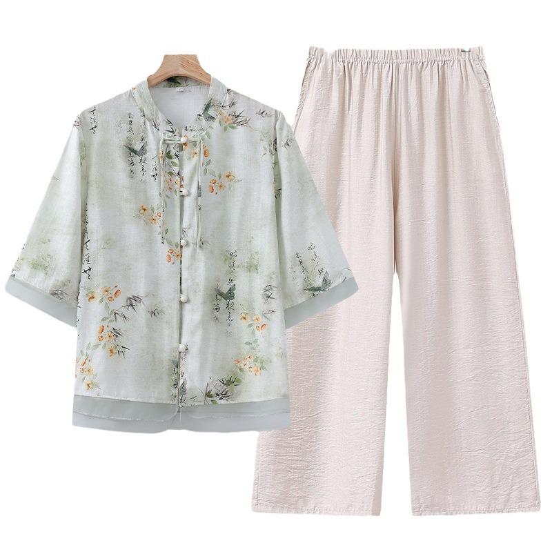 Chinese-Style Cotton Linen Two-Piece Set for Middle-Aged Women - Mid-Sleeve Summer Top