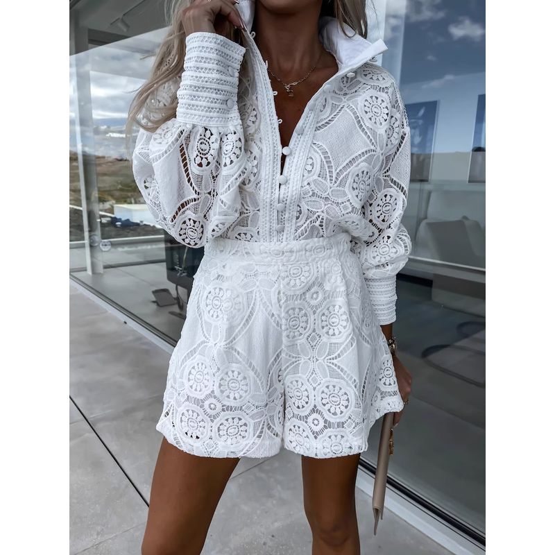 Fashion Single Breasted Stand Collar Lace Shorts Suit Casual Hollowed Out Two-Piece Set