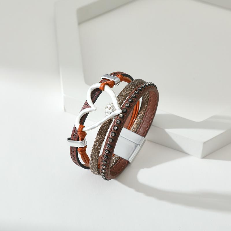 Vintage Multi-layer Leather Bracelet Womens Hollowed Out Heart-shaped Crystal Studded Magnetic Buckle Bangle Party Jewelry