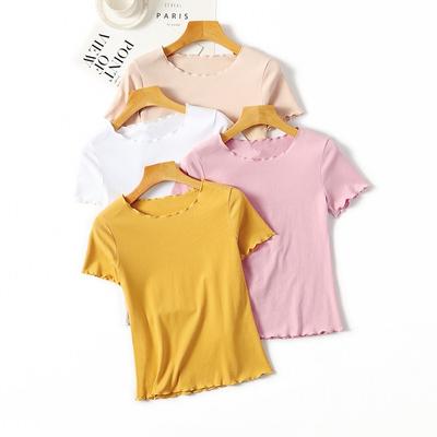 Rüschen Sommer T Shirt Frauen Baumwolle Casual Solide Kurzarm Tops Tees