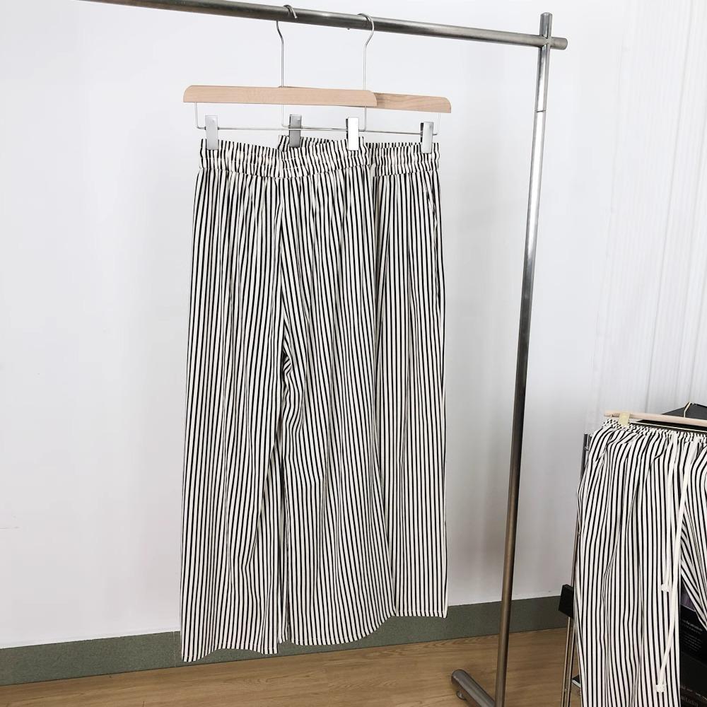 

Брюки с высокой талией в полоску для миниатюрных женщин - Летний повседневный и свободный крой L (106-115 lbs)