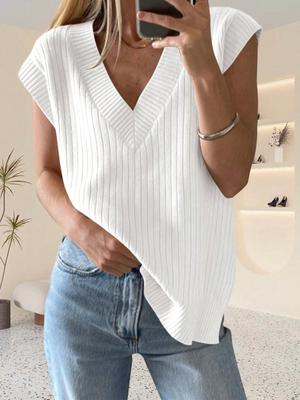 Women's Oversized V Neck Sweater Vest Sleeveless Ribbed Knit Loose Fit Top