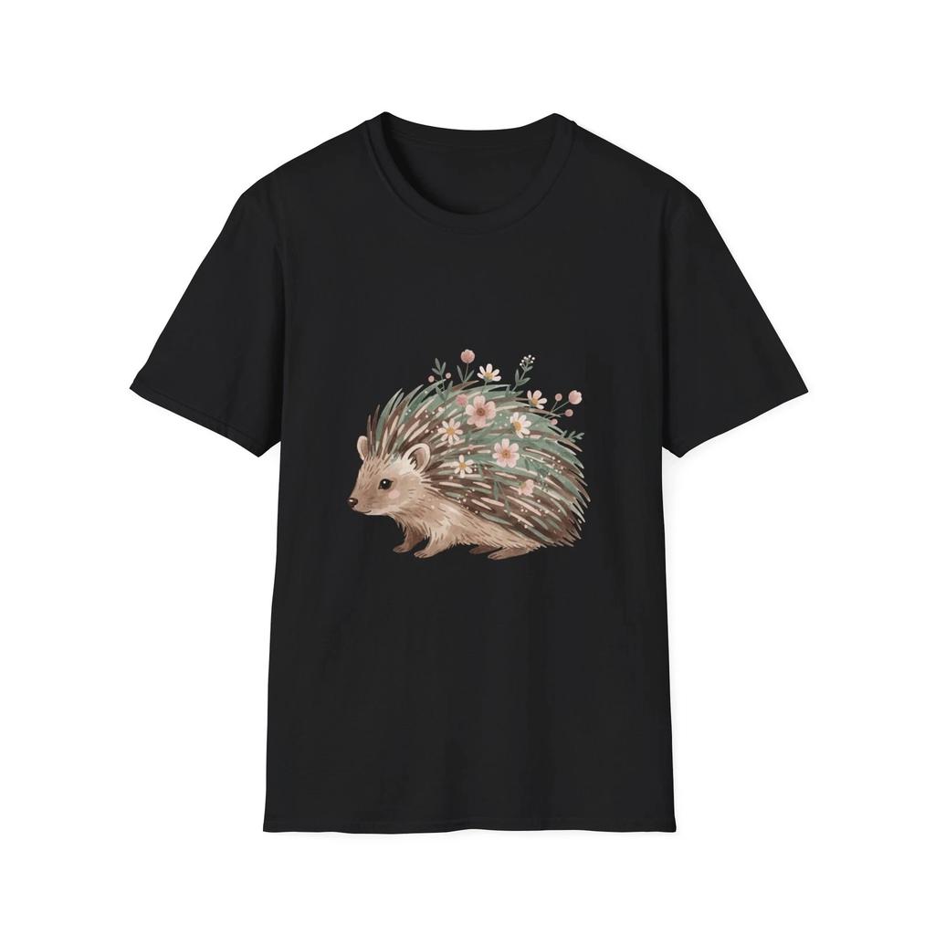 Hedgehog Flowers Boho Watercolor Black Tee Nature Aesthetic T-Shirt