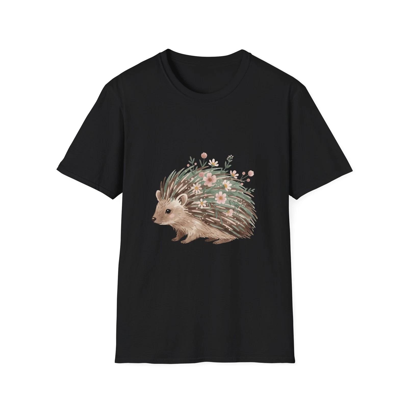 

Hedgehog Flowers Boho Watercolor Black Tee Nature Aesthetic T-Shirt S