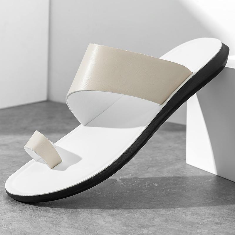 Men's Slippers 2025Summer New Casual Leather Slipper Comfortable Non-Slip Men Flat Sandals Peep Toe Beach Slippers Luxury Slides