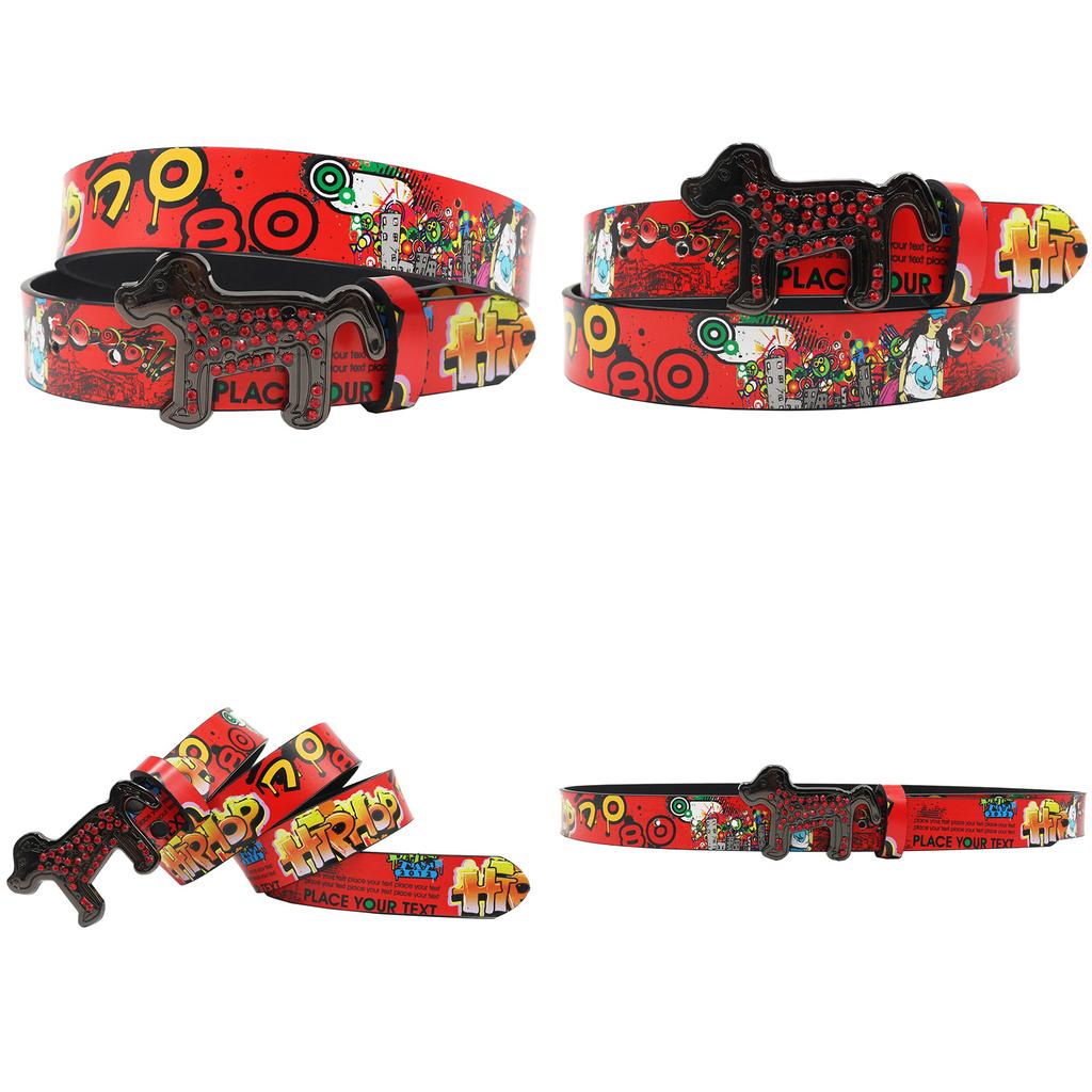 Dog Rhinestone Buckle Smooth Buckle Printed Graffiti Casual Personalized Belt Belt Versatile In Europe and America