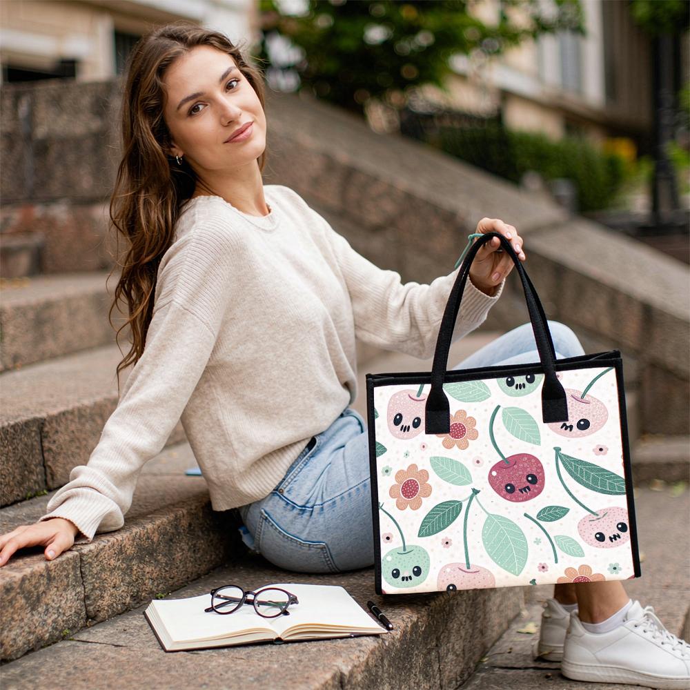 Cute Cherry Print Tote Bag For Daily Shopping Portable Lightweight Casual Women's Handbag