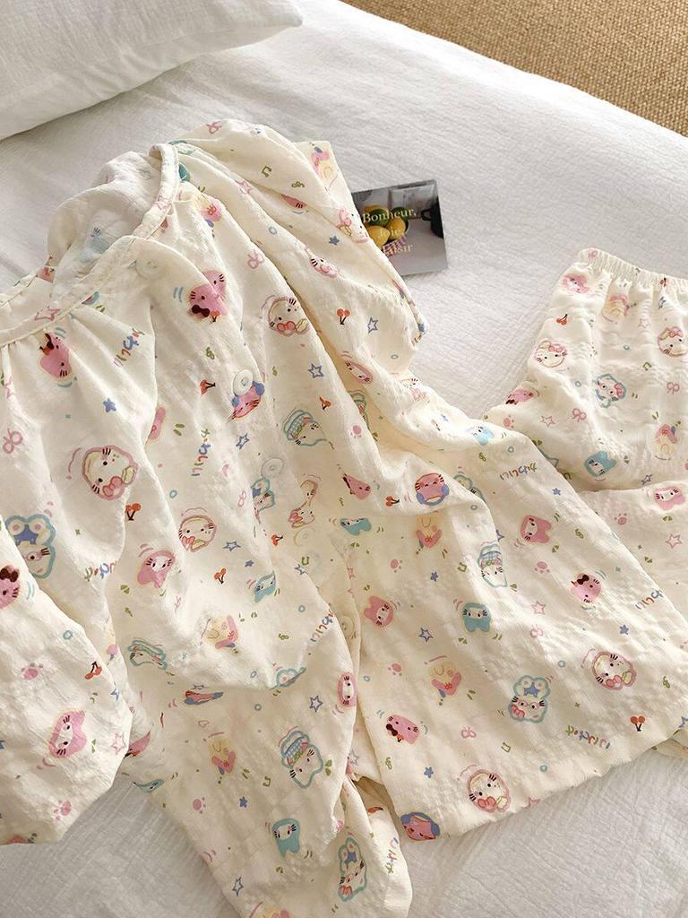 Summer Round Neck Short Sleeve Pajama Set for Women & Girls – Cute & Loose Fit