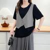 2026 Summer Faux 2-Piece Plus Size Short Sleeve Color Block Slimming Top for Women