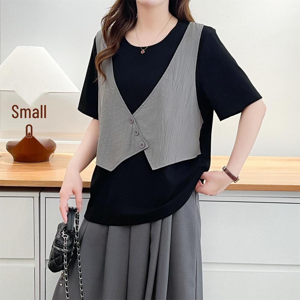2026 Summer Faux 2-Piece Plus Size Short Sleeve Color Block Slimming Top for Women