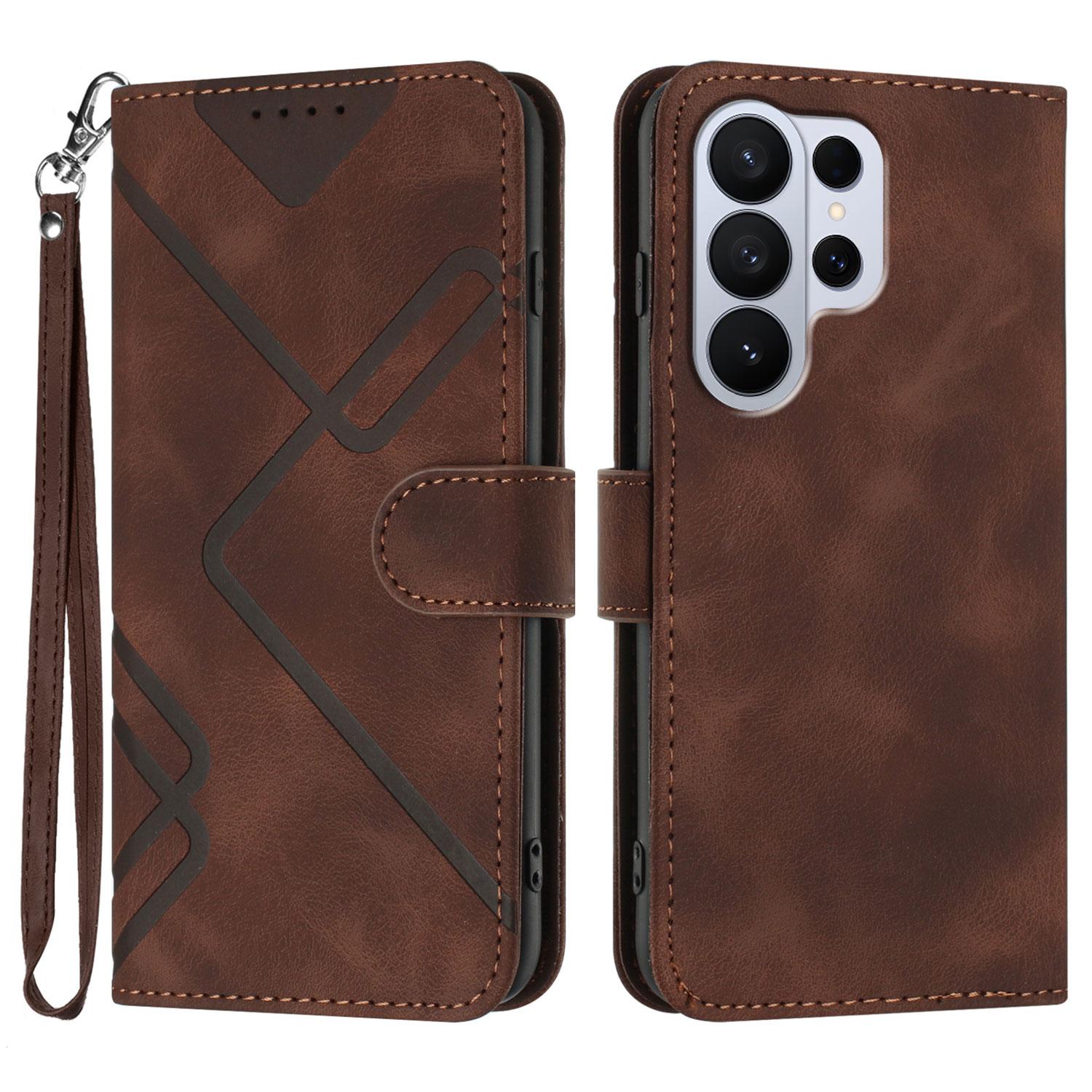 

For Samsung Galaxy S26 Ultra Wallet Case Line Imprinted PU Leather Phone Cover with Strap