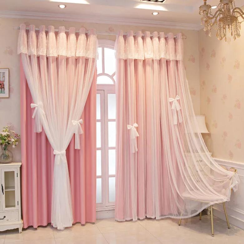 

2 шт., шторы на крючках, двухслойная тканевая пряжа, интегрированные плотные шторы, кружевные шторы принцессы для спальни, гостиной W200×H270cm×2pcs
