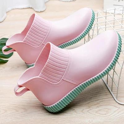 Bottes de pluie plates antidérapantes de couleur unie pour femmes, chaussures imperméables à enfiler en caoutchouc, chaussures de travail en plein air