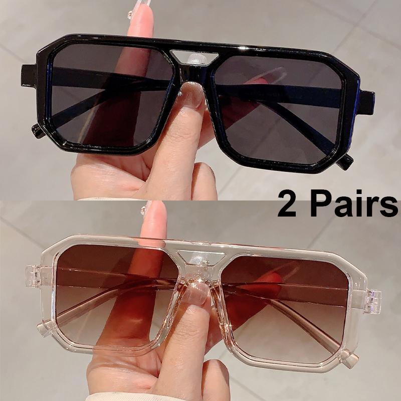 2 Pairs Vintage Square Sunglasses Men Chic Retro Double Bridge Gradient Outdoor Shades Women Casual Vacation Decor Sun Glasses