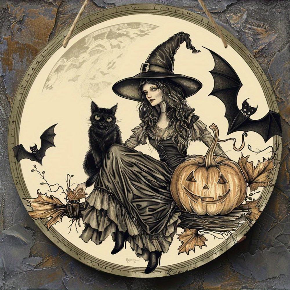2D Flat Witch Wooden Pendant, Witch, Cat, Bat and Pumpkin Design, Suitable for Home Office Cafe Bar Party Decoration Halloween Gift