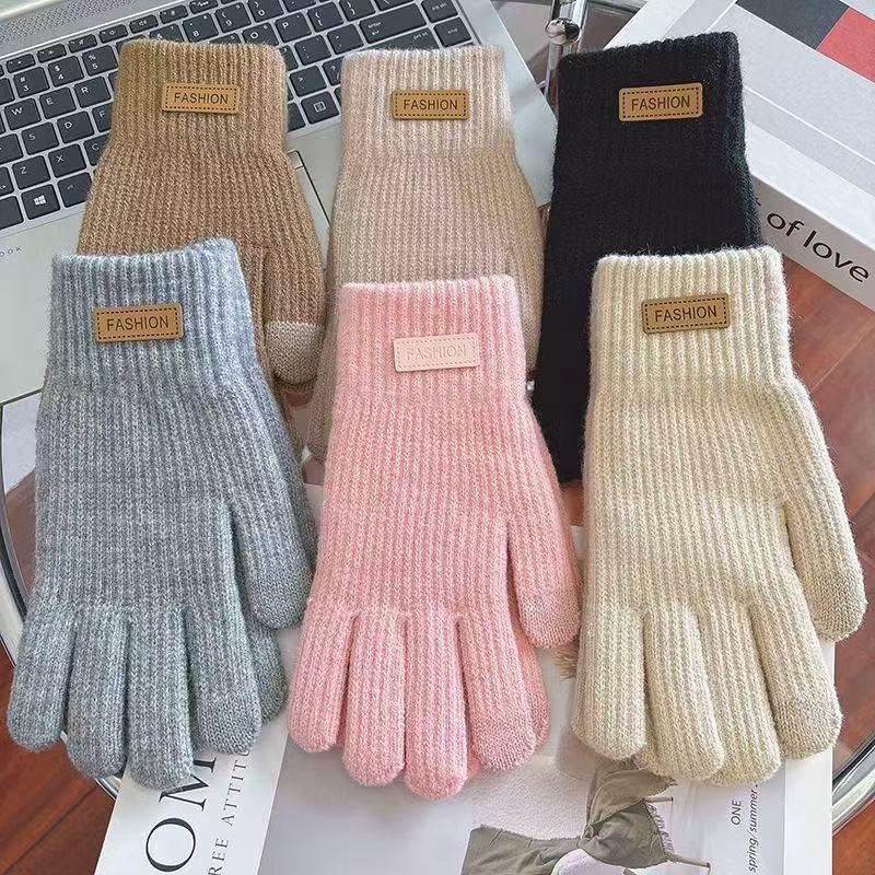 Cashmere Knitted Touchscreen Gloves For Women, Full-Finger Warm Thickened Fleece-Lined Couple Gloves, Men'S Korean Style Winter