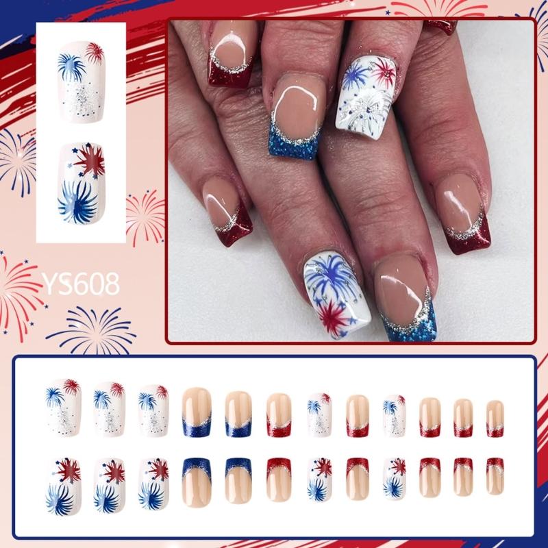 4th of July Press on Nail Square French Tip Fake Nail Independence False Nail with American Flag Star Stick on Nail