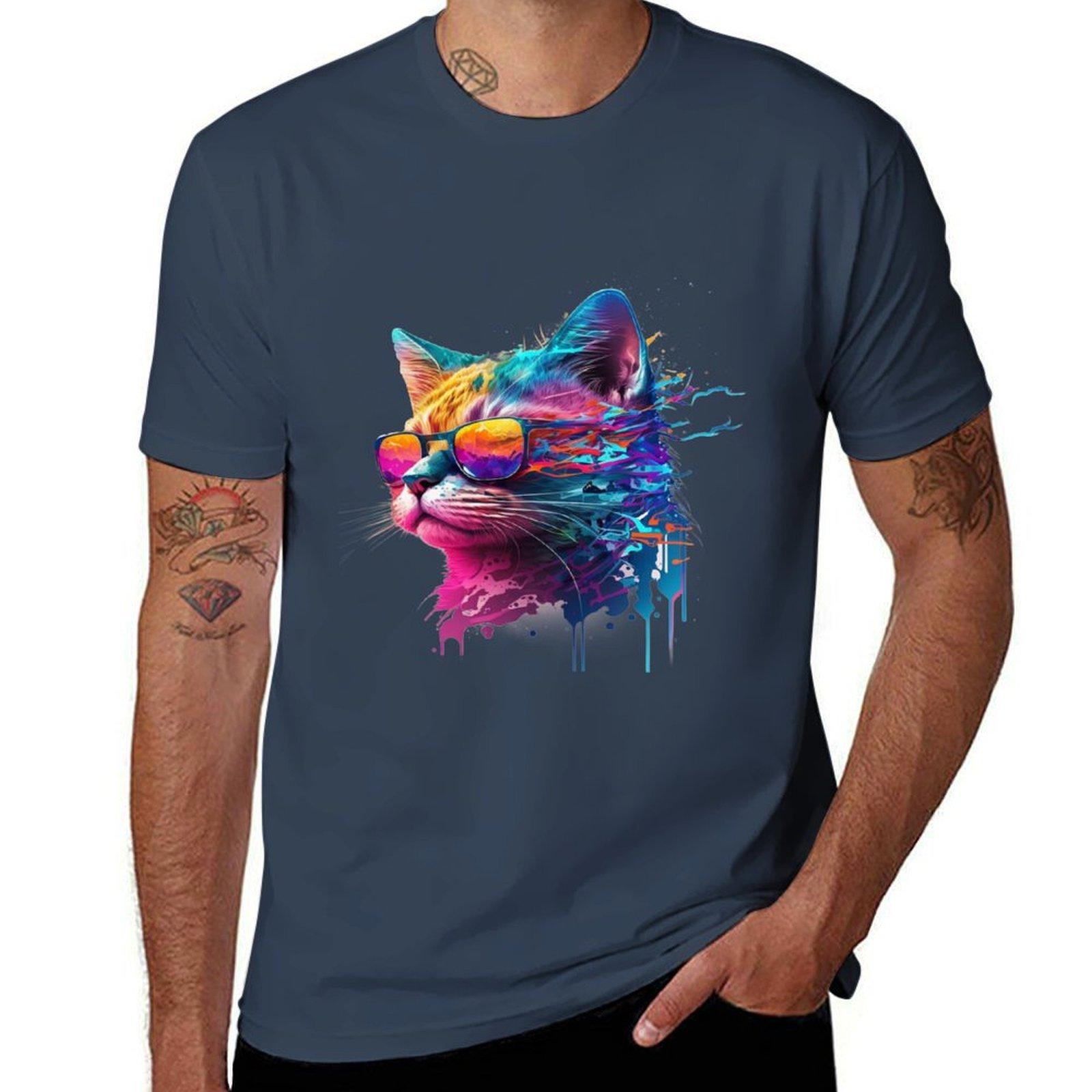 Cat Synth Wave With Sunglasses Tshirt Art Pattern Printed Casual Top S