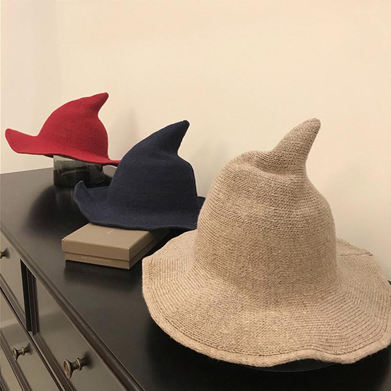 Vintage Halloween Woman Witch Hat Costume Wool Knit Hat For Party Coseplay Masquerade Hat Festival Decoration Accessories