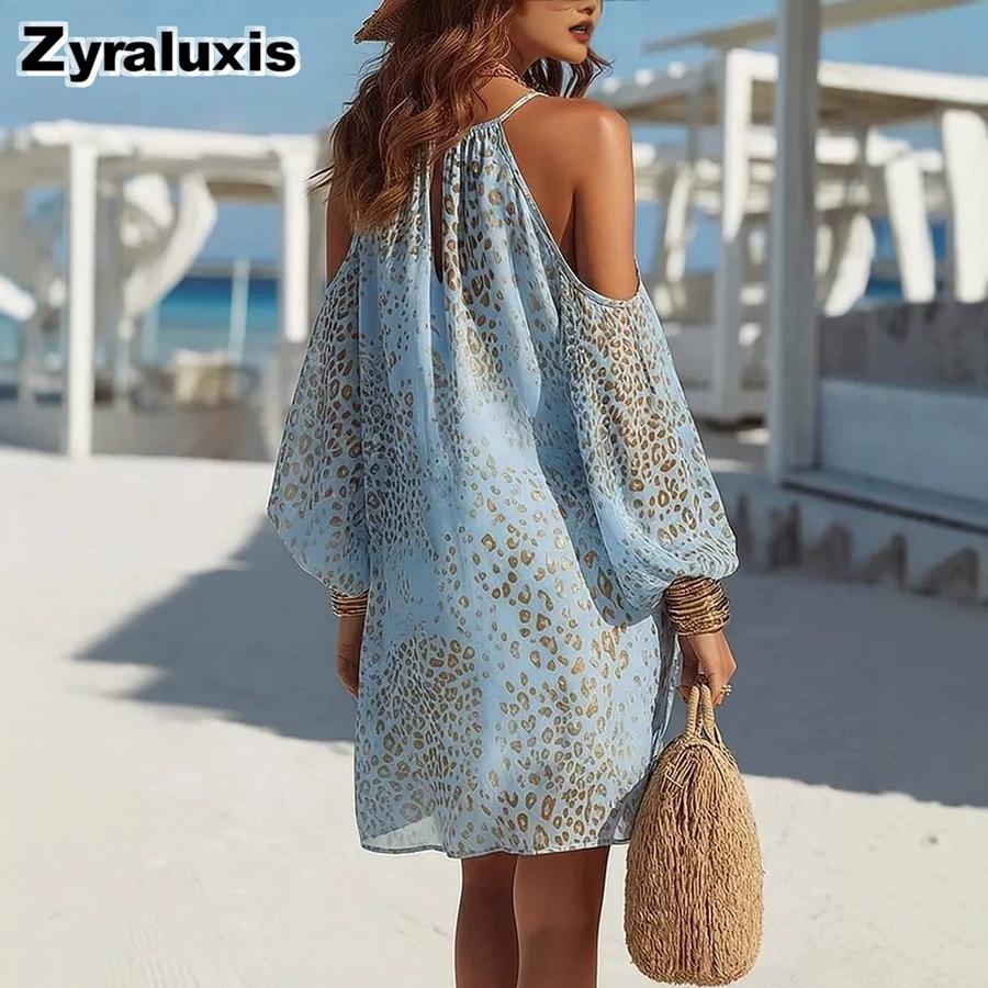 Nuovo Abito Corto da Spiaggia Estivo alla Moda da Donna con Spalle Scoperte e Stampa Leopardo