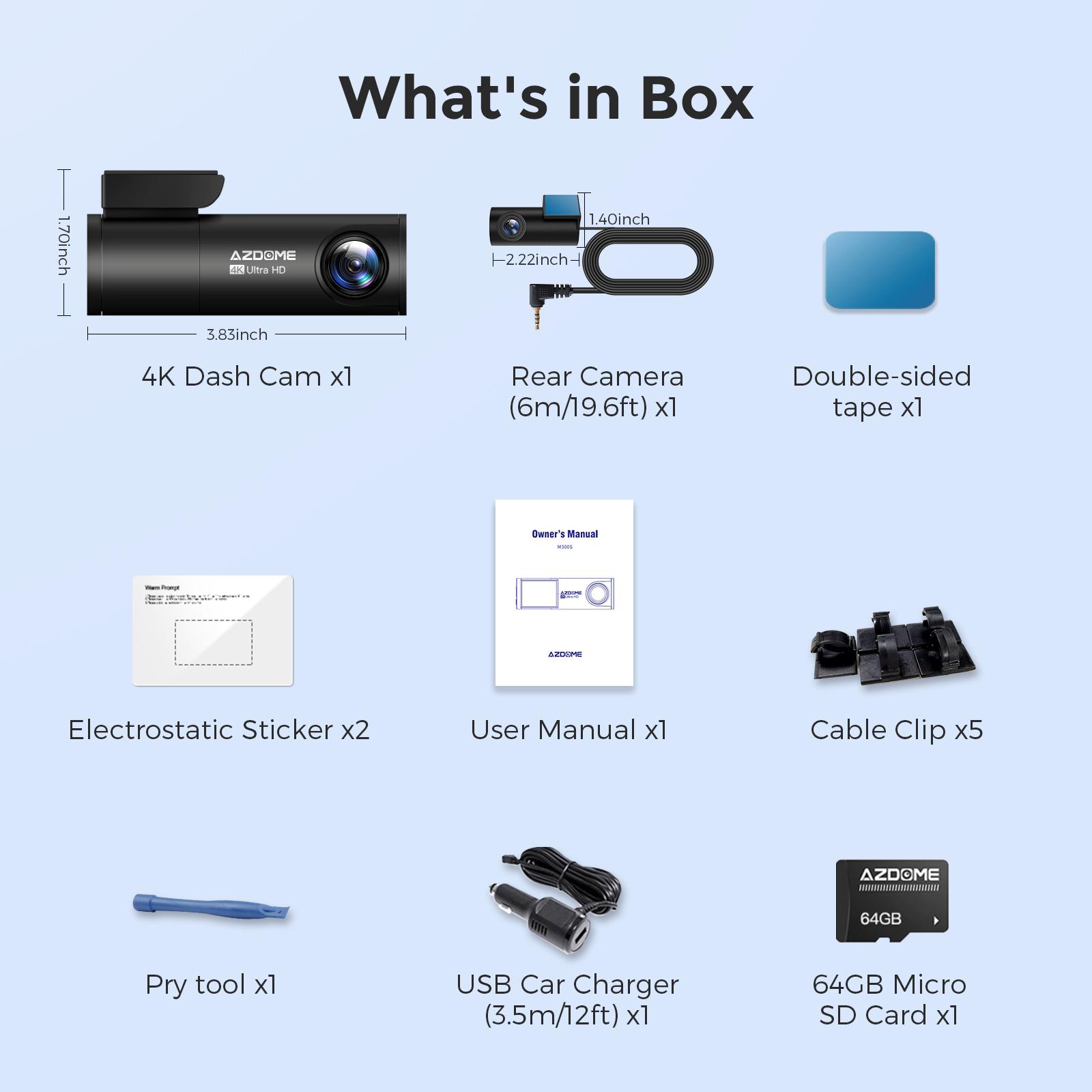 

Автомобильный видеорегистратор 4K AZDOME M300S с двумя камерами переднего и заднего вида, видеорегистратор с ночным видением, GPS, Wi-Fi