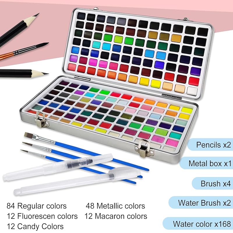 solid watercolor 168 color paint set solid watercolor paints watercolor paint set water brush pen with pallet mobile box watercolor paints travel set