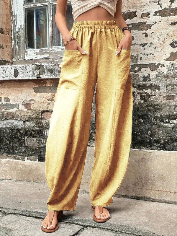 Women's Solid Color Casual Pants with Pockets and Elastic Waist.