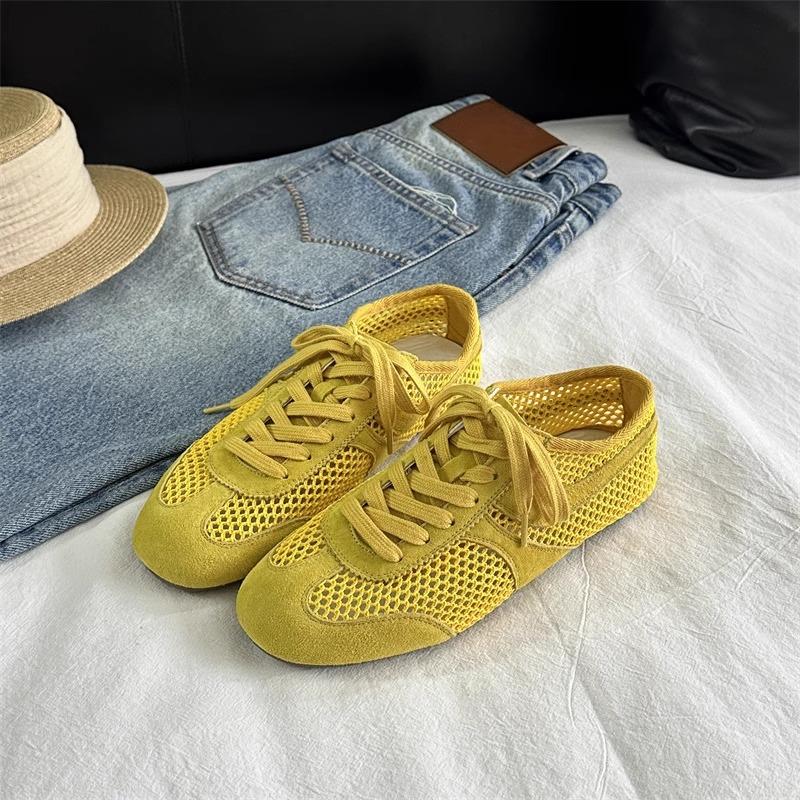 Hong Kong Leather Flat-bottomed Yellow Dexun Shoes Women's Summer 2025 New Explosion Mesh Breathable Sports and Leisure Forrest Gump Shoes