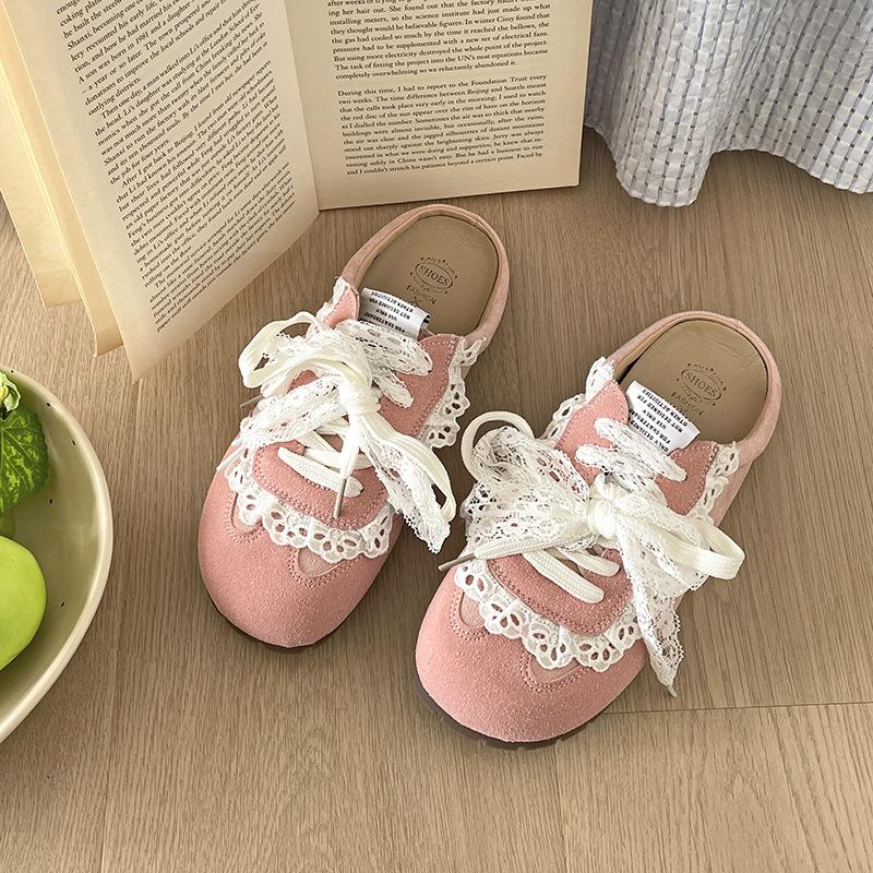 Lace retro versatile soft-soled bag head thick-soled slippers summer outer wear inner height increase half-drag single shoes