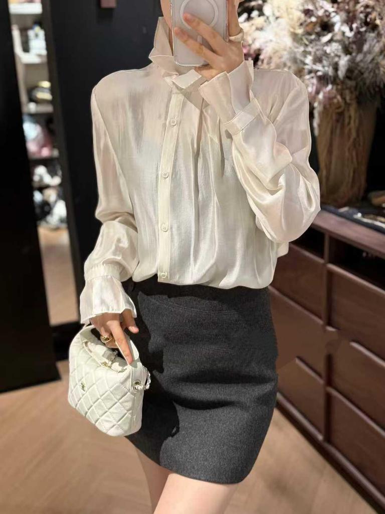 Elegant Silk Brocade Ruffle Collar Blouse for Women - Spring 2026 Arrival