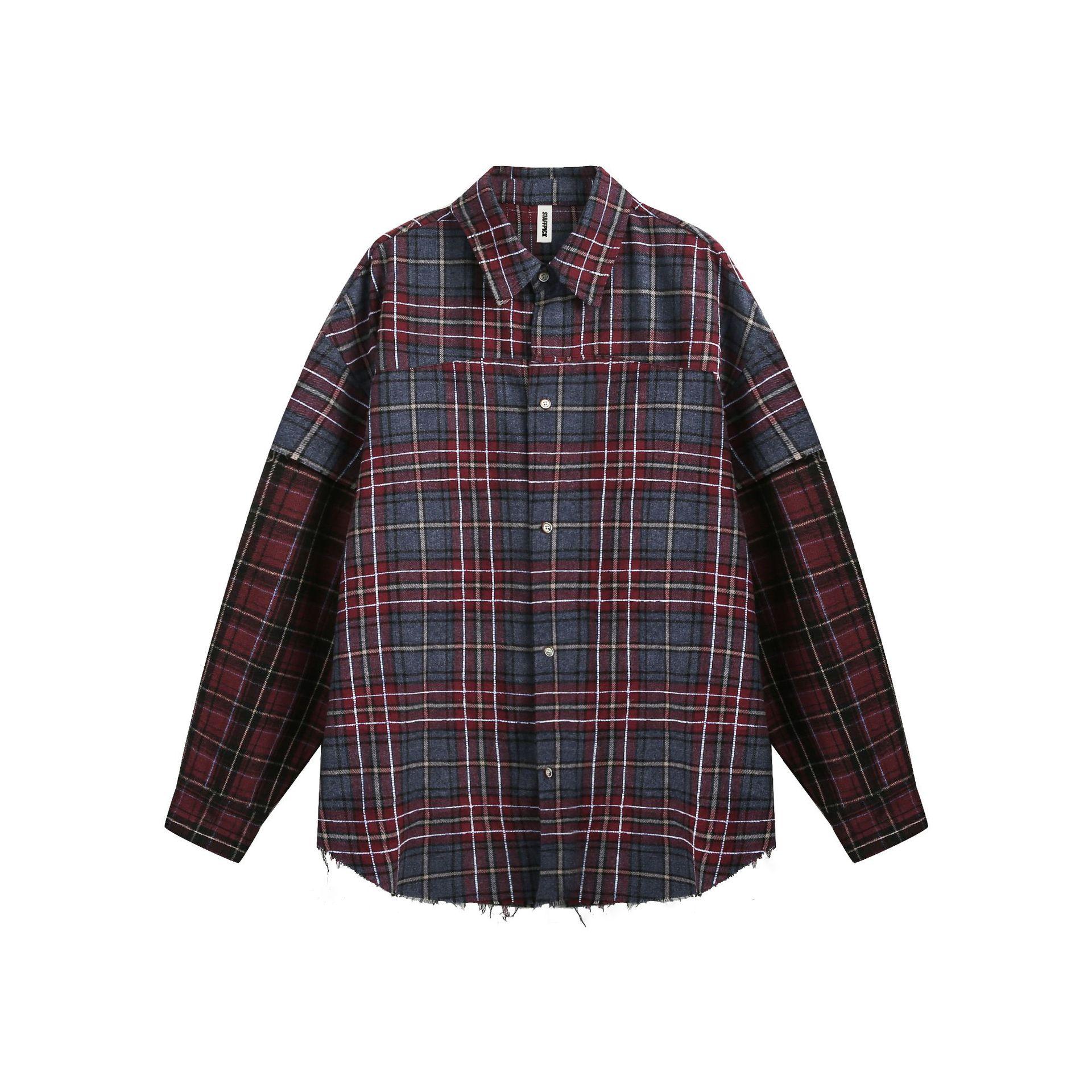 Men s Autumn American Retro Fake Two Damaged Plaid Shirt Lazy Wind Shirt M