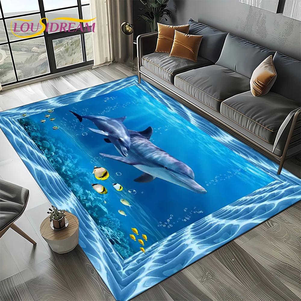 Underwater World 3D Illusion Seabed Cartoon Shark Dolphin Carpet Rug for Living Room Bedroom Home Sofa Decoration,Floor Mat Kid