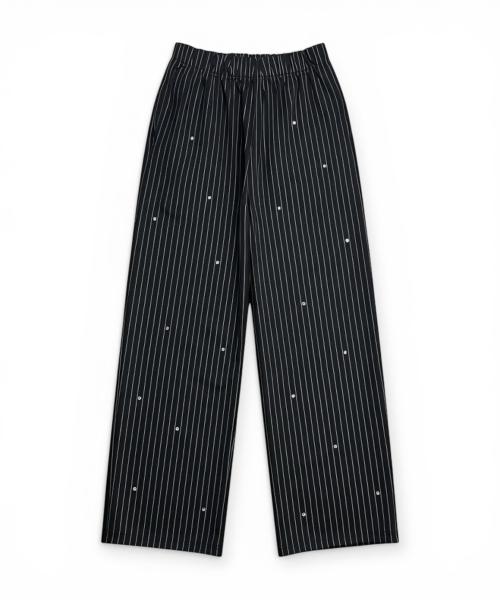 Bonseullipi Crystal Stud Pinstripe Wide Pants (Black)