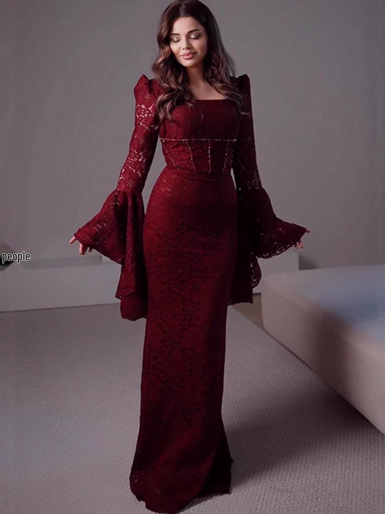 Fall 2025 European & American Elegant Waist-Hugging Evening Dress