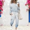 Women Plus Size Light Blue Printed Round Neck Long Sleeve Cuffed Top And Cuffed Pants Two Piece Set With Pockets