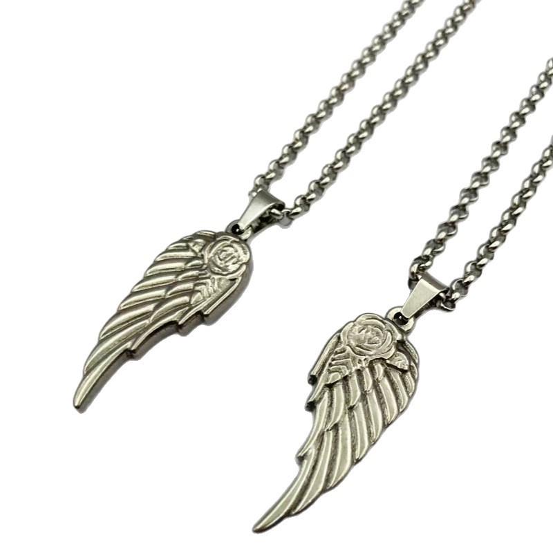 Rose Wings Stainless Steel Feather Pendant Necklace