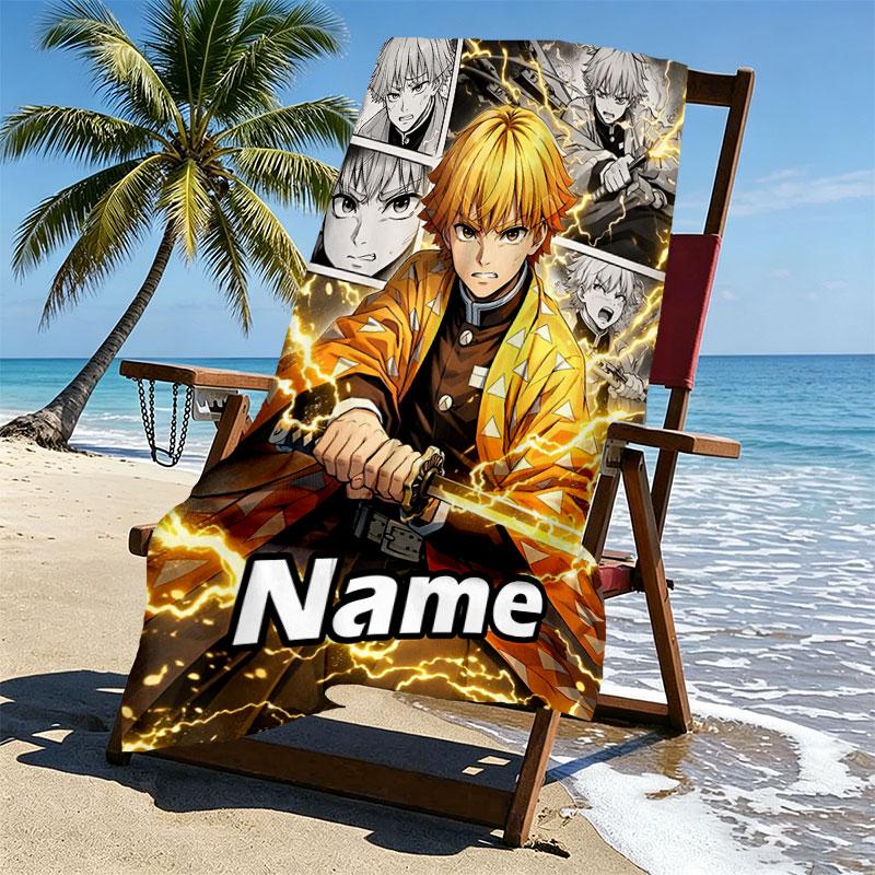Personalisierbares Strandtuch mit Demon Slayer Aufdruck und individuellem Namen, für Reise, Camping, Strandparty, Heimdekoration, Geburtstagsgeschenk für Familie & Freunde