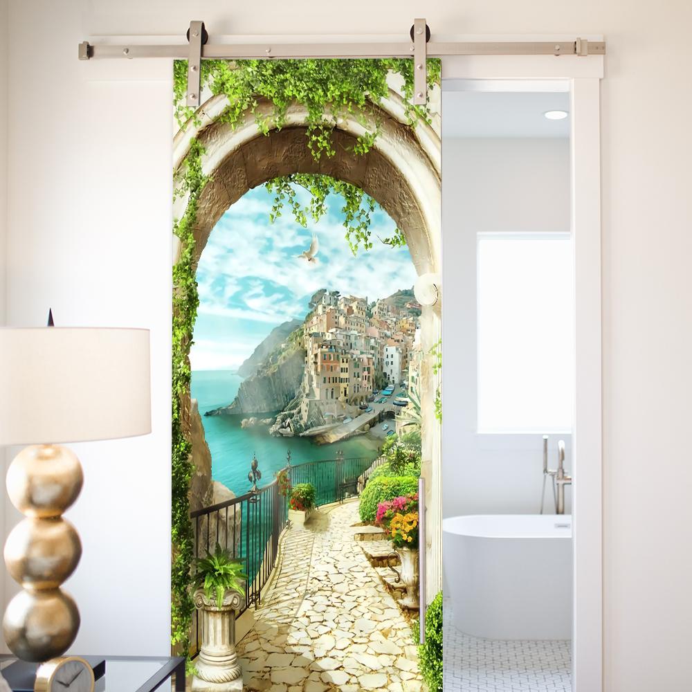 Nature Scenery Door Decal 3D Removable Vinyl Sticker, Adhesive Forest Pathway Wallpaper for Bedroom Entryway