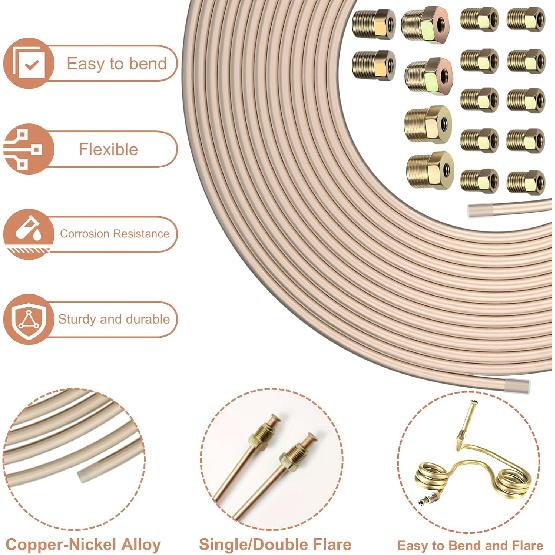 3/16 Brake Line [Made Of Genuine Copper Nickel, 3/16"ODx25FT], Brake Line Kit With 16 Nuts – Non-Magnetic Copper Tubing With Fittings For Brake