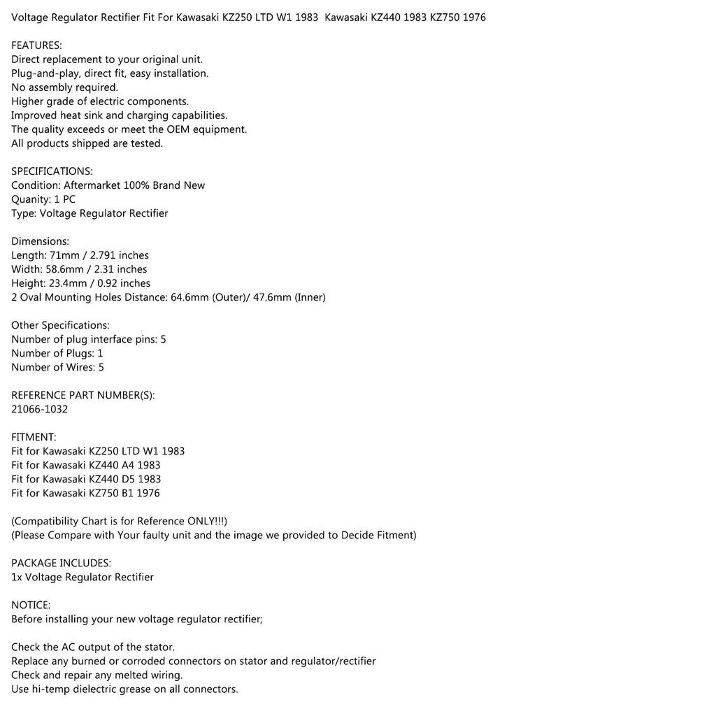 Regulator Voltage Fit for Kawasaki KLT200 KLT250 KZ250 KZ440 KZ750 21066-1032