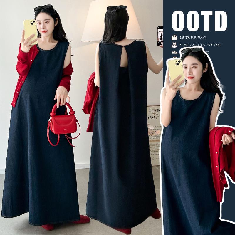 Spring 2026 Maternity Denim Overalls & Red Sweater Dress Set XL