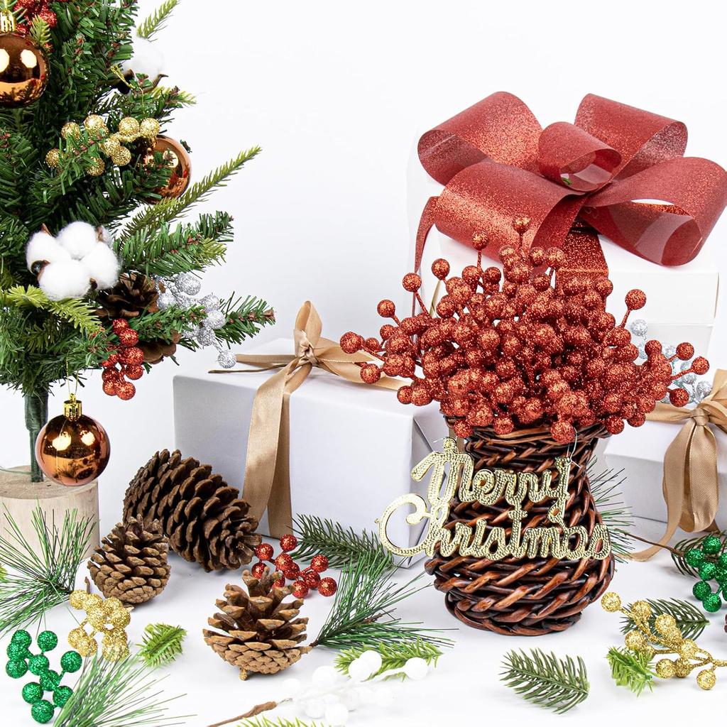 32 Pack Glitter Christmas Picks, 6.5-Inch Red Artificial Berry Stems for Xmas Tree & Home Decor