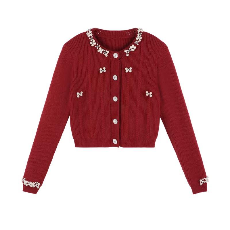 2026 Autumn/Winter French Chic Beaded Knit Jacket with Pearl Collar – Versatile Design