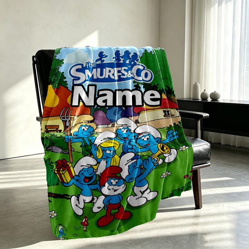 Custom Name Personalized Blue Smurfs Print Blanket, Home Decor, Bedroom, Sofa, Camping, Couch, Gifts for Birthday Christmas
