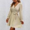 Women's Fashion Casual Solid Color V-Neck Drawstring  Sleeves Patchwork Dress
