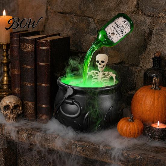 Dark Fantasy Cauldron Halloween Witch Cauldron, Large Plastic Black Bucket with Floating Potion Bottle, Glowing Green Smoke Spooky Soup Pot Decor for