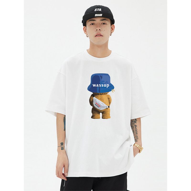 Wassup Heods Short-Sleeved T-Shirt for Boys 2024 New Summer Loose-Fitting Couple Half-Sleeved National Trend Pure Cotton T-Shirt